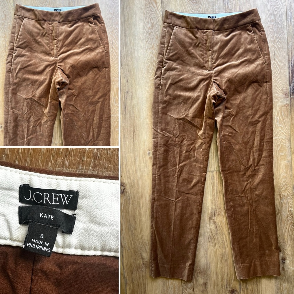J. Crew Kate Velvet Straight Leg Pants Trousers Dark Camel Colored Size 0